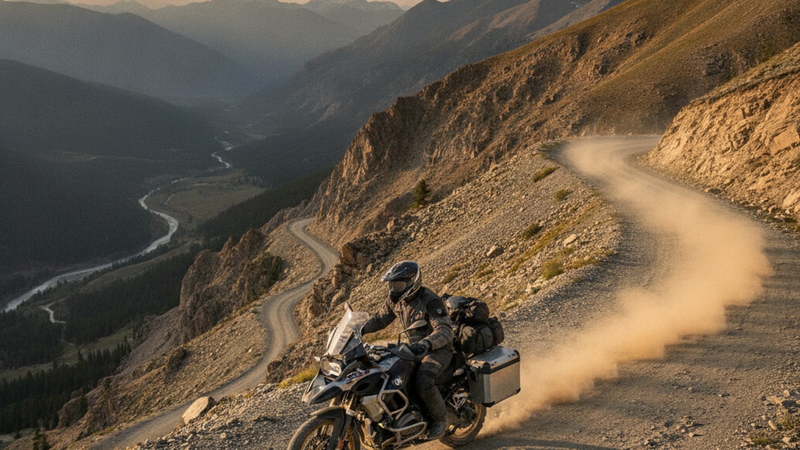 Loaded adventure motorcycle riding a scenic mountain trail